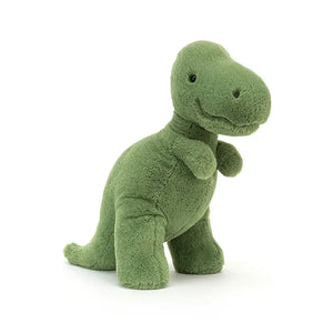 From the side Jellycat Fossilly T-Rex dinosaur children’s soft toy covered in moss green fur from head to toe. 