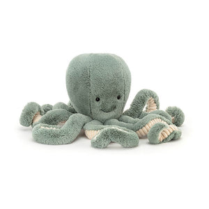 Jellycat Odyssey Octopus children’s soft toy with eight springy legs and a squishy body. Odyssey is covered head to toe in light green fur with cream corded sections on the bottom of his tentacles. 