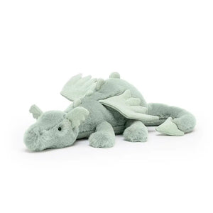 Sleep green dragon part of the Jellycat collection. Sage dragon is minty green, soft and cuddly making him a great children’s soft toy.