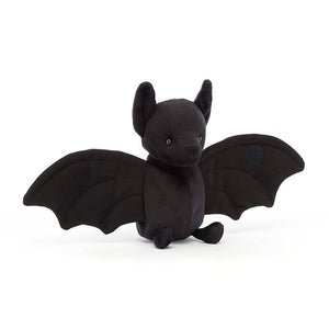 Jellycat Wrapabat Black is a children’s soft toy bat. He is pictured with his wings spread open and covered head to toe in soft black fur. 