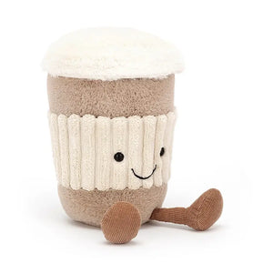 Jellycat coffee cup children’s soft toy is part of the amuseables range. He is in the shape of a disposable coffee cup complete with chunk band holder and frothy head.