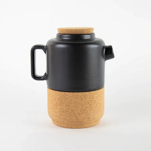 Matt Black ceramic teapot with a cork lid and base. 
