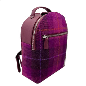 Maccessori Harris Tweed Backpack with a purple and pink check tartan design. 