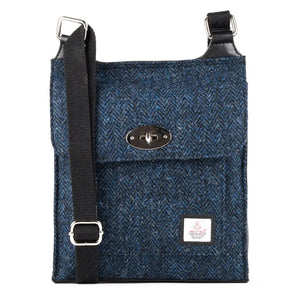 Blue herringbone Maccessori Harris Tweed Satchel shoulder bag against a white background. 