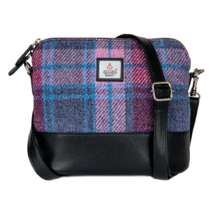 Maccessori Harris Tweed Square Shoulder Bag with a pink and blue tartan design. 