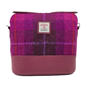 Maccessori Harris Tweed Square Shoulder Bag with a pink and purple tartan design. 