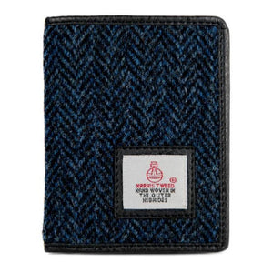 Mens Harris Tweed slim vertical wallet in a blue herringbone pattern.