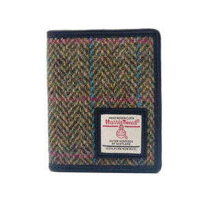 Mens Harris Tweed slim vertical Wallet finished in a green and brown herringbone pattern.