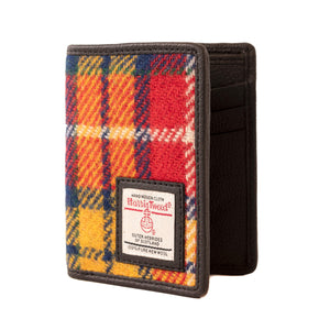 Mens Harris Tweed slim vertical wallet in a red, orange and yellow tartan check pattern.