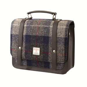 Harris tweed mini messenger bag satchel with a grey and blue tartan design.