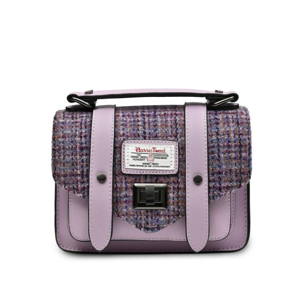 Beige Dogtooth Harris Tweed Medium Leather Satchel