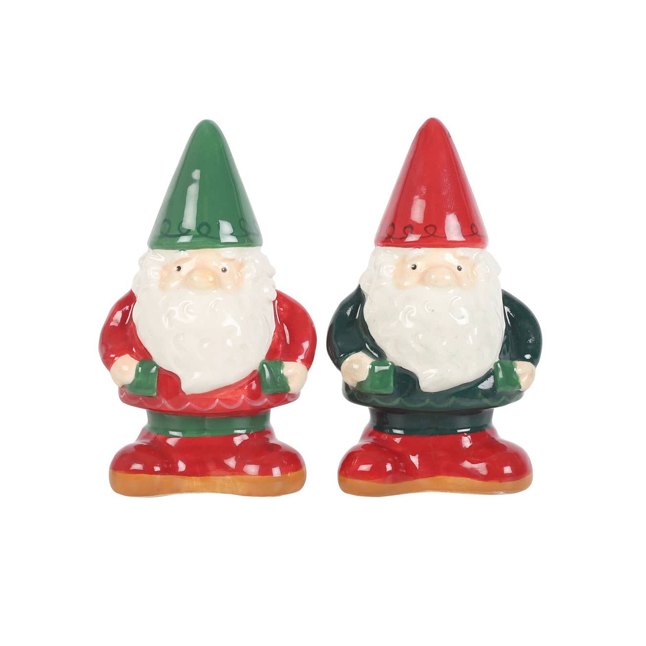 Front view of hand-painted ceramic gnome shakers
