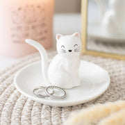 White ceramic sitting cat trinket dish with raised tail ring holder