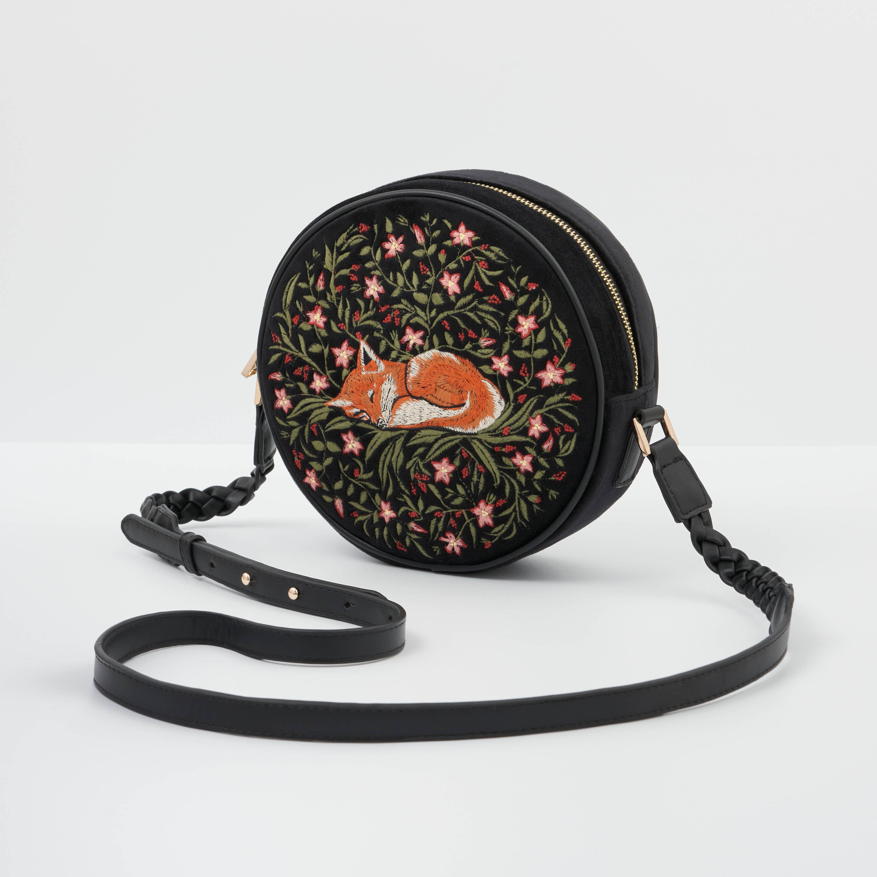 Sleepy Fox Circle Crossbody Bag interior view with Wonderland-printed lining