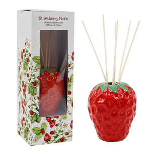 100ml Strawberry Fields Reed Diffuser with packaging, featuring a ceramic strawberry-shaped holder.