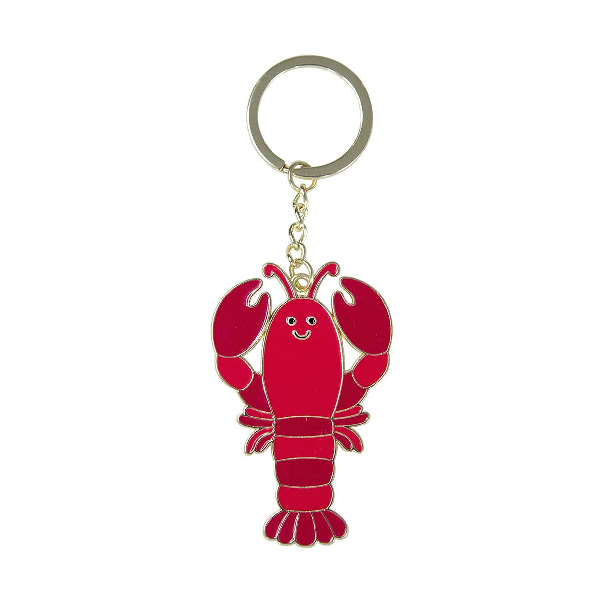 Red enamel lobster keyring with smiling face and gold keychain ring on white background