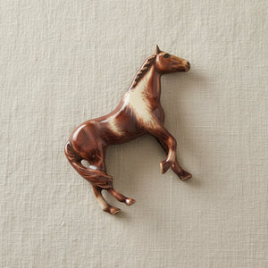 Enamel Farm Horse Brooch hand-painted chestnut horse in prancing pose on cream linen background
