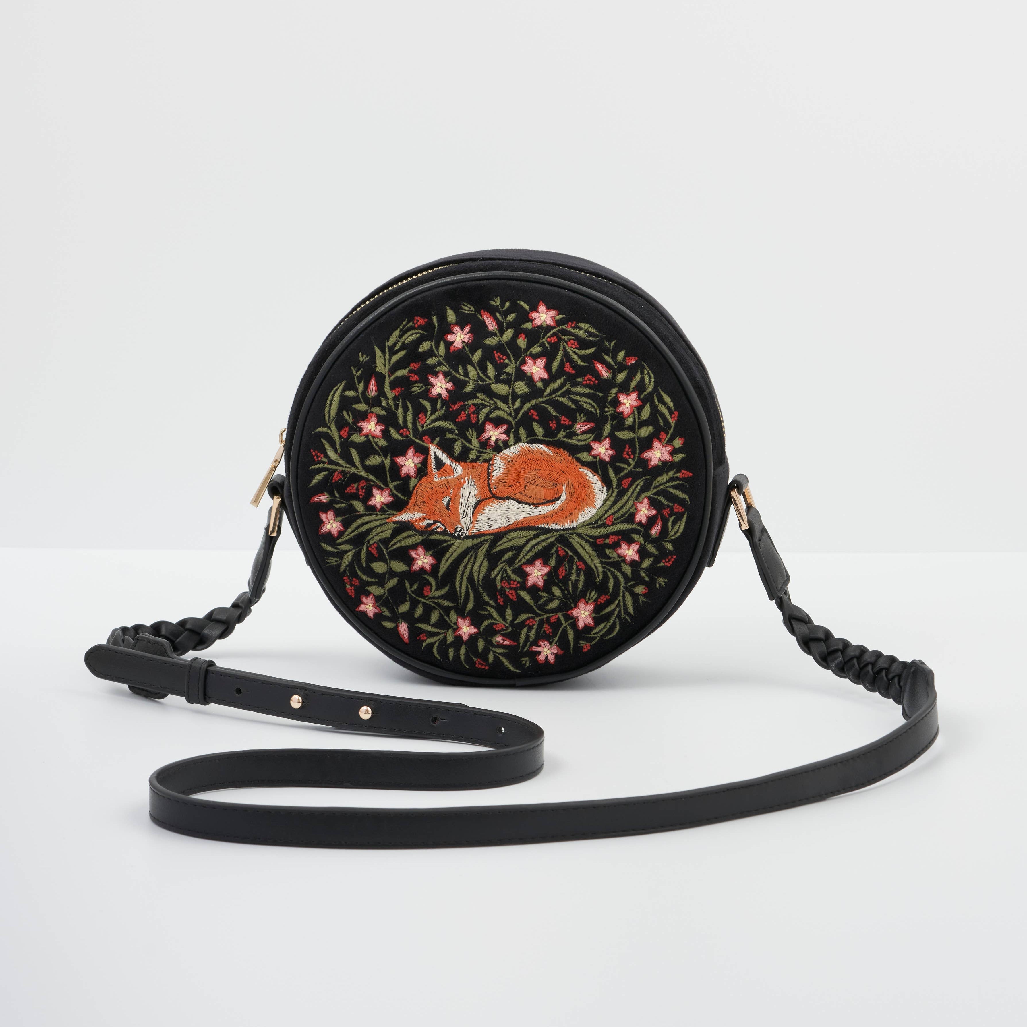 Sleepy Fox Circle Crossbody Bag embroidery detail showing orange fox and floral elements