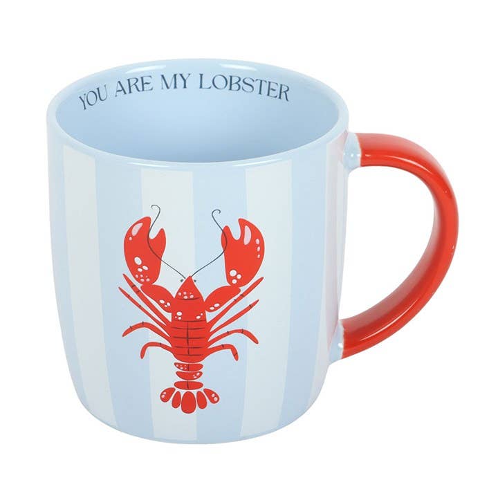 Top view of You Are My Lobster coastal striped mug