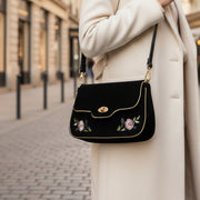 Rose Embroidered Black Shoulder Clutch