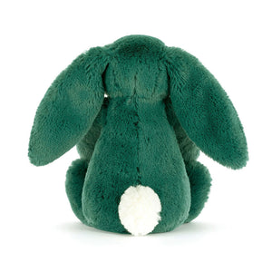 Back view of Jellycat Bashful Teal Bunny Little plush with teal fur and bobtail.
