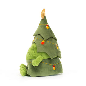 Side profile of Jellycat Christmas Tree Ricky Rain Frog showing layered plush tree outfit, bright embroidered baubles, and soft green limbs.