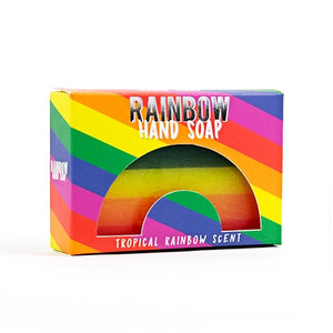 Boxed rainbow hand soap with tropical rainbow scent packaging.