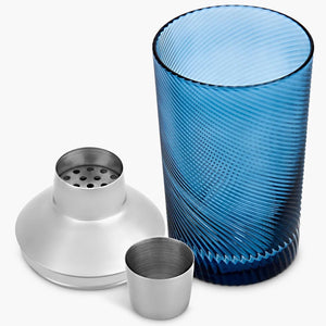 Blue twist glass cocktail shaker with lid and jigger, separated on white background – 600ml handmade barware