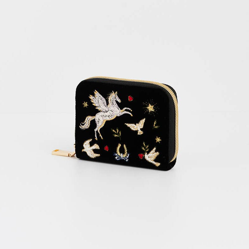 Black Celestial Velvet Embroidered Purse back view showing smooth velvet finish