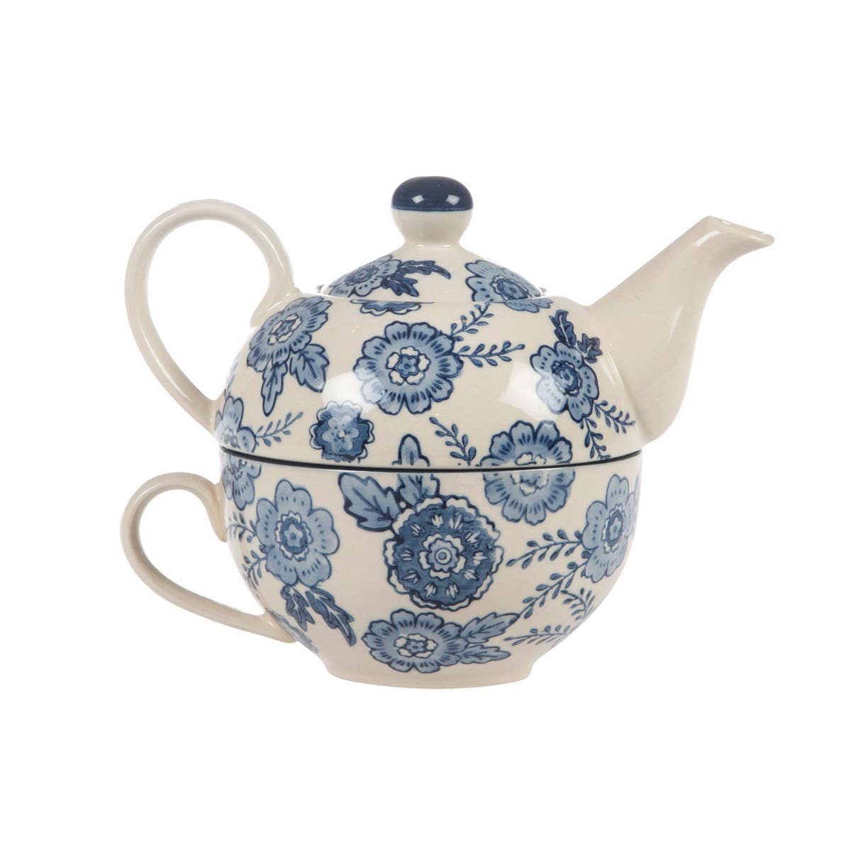 Blue Willow teapot and cup tea-for-one set separated showing blue floral pattern design on white background