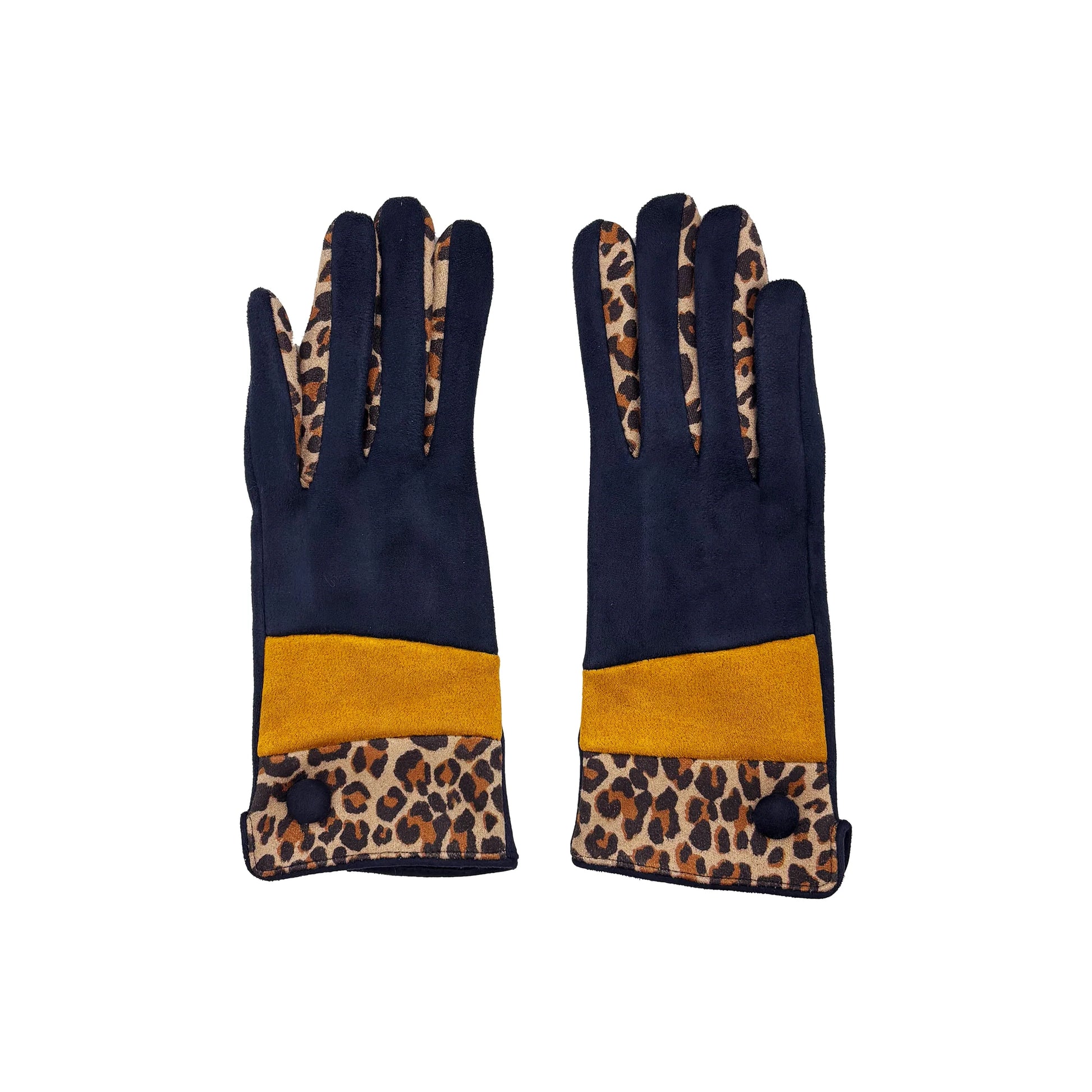 Front view of navy suedette gloves with ochre band and leopard print trim, placed side by side on white background.