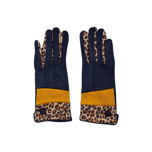 Front view of navy suedette gloves with ochre band and leopard print trim, placed side by side on white background.