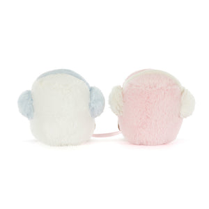 Back view of Jellycat Amuseables Toastie Marshmallows showing pink and white plush with coordinating earmuffs connected by a ribbon.