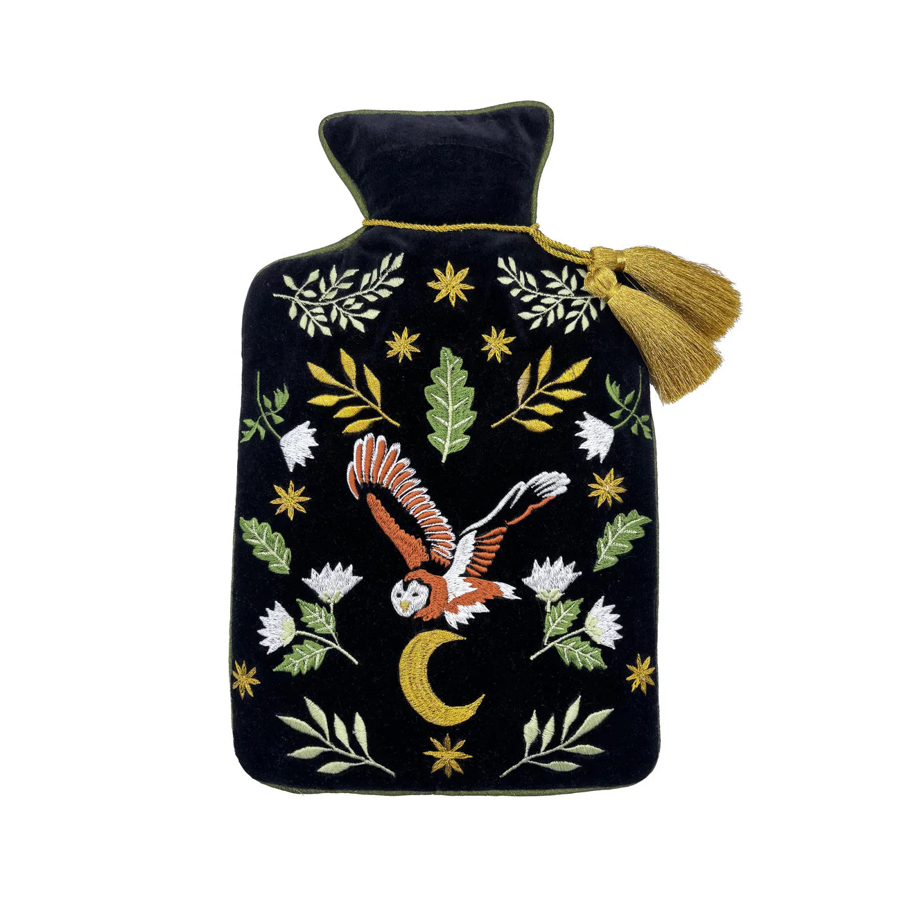 Full view of Secret Garden Owl Hot Water Bottle with owl, moon, and foliage embroidery.
