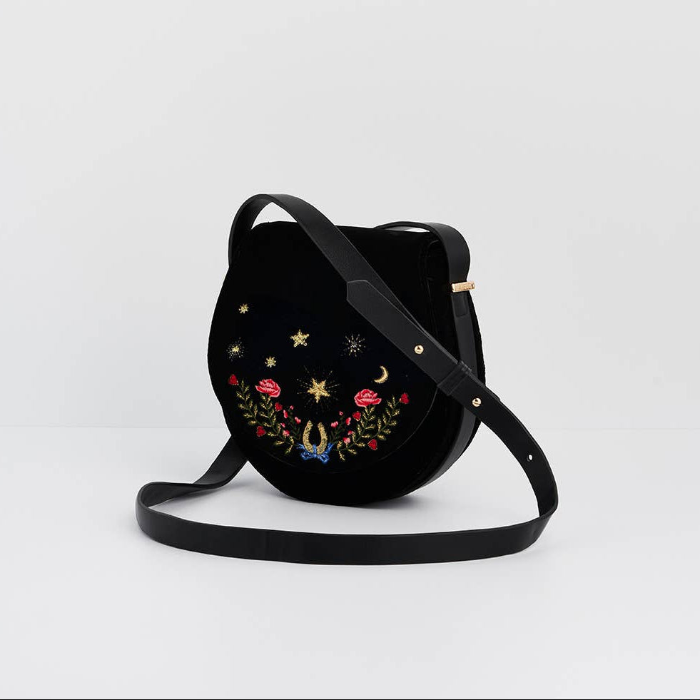 Black Dove and Floral Star Velvet Embroidered Saddle Bag back view showing smooth velvet finish