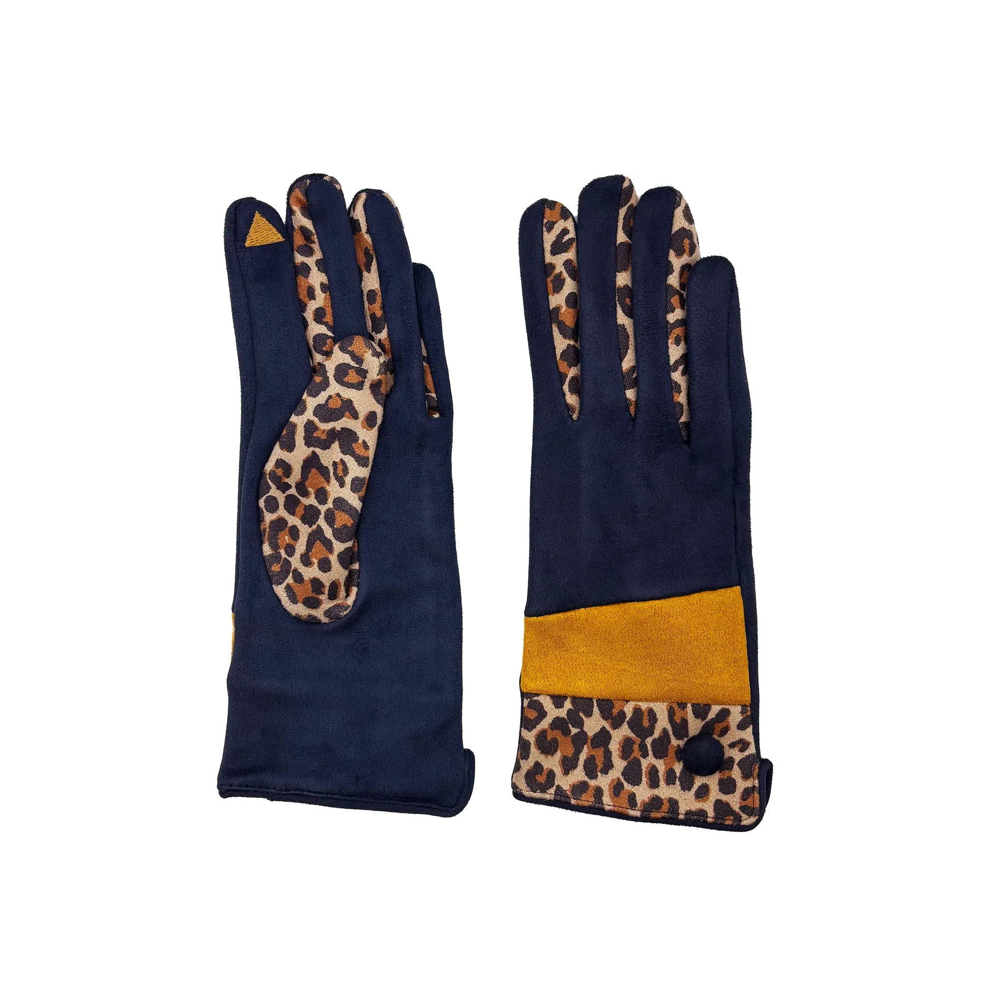 Stylish navy leopard print gloves with ochre detailing, showing both palm and top design on white background.