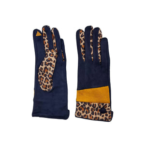 Stylish navy leopard print gloves with ochre detailing, showing both palm and top design on white background.
