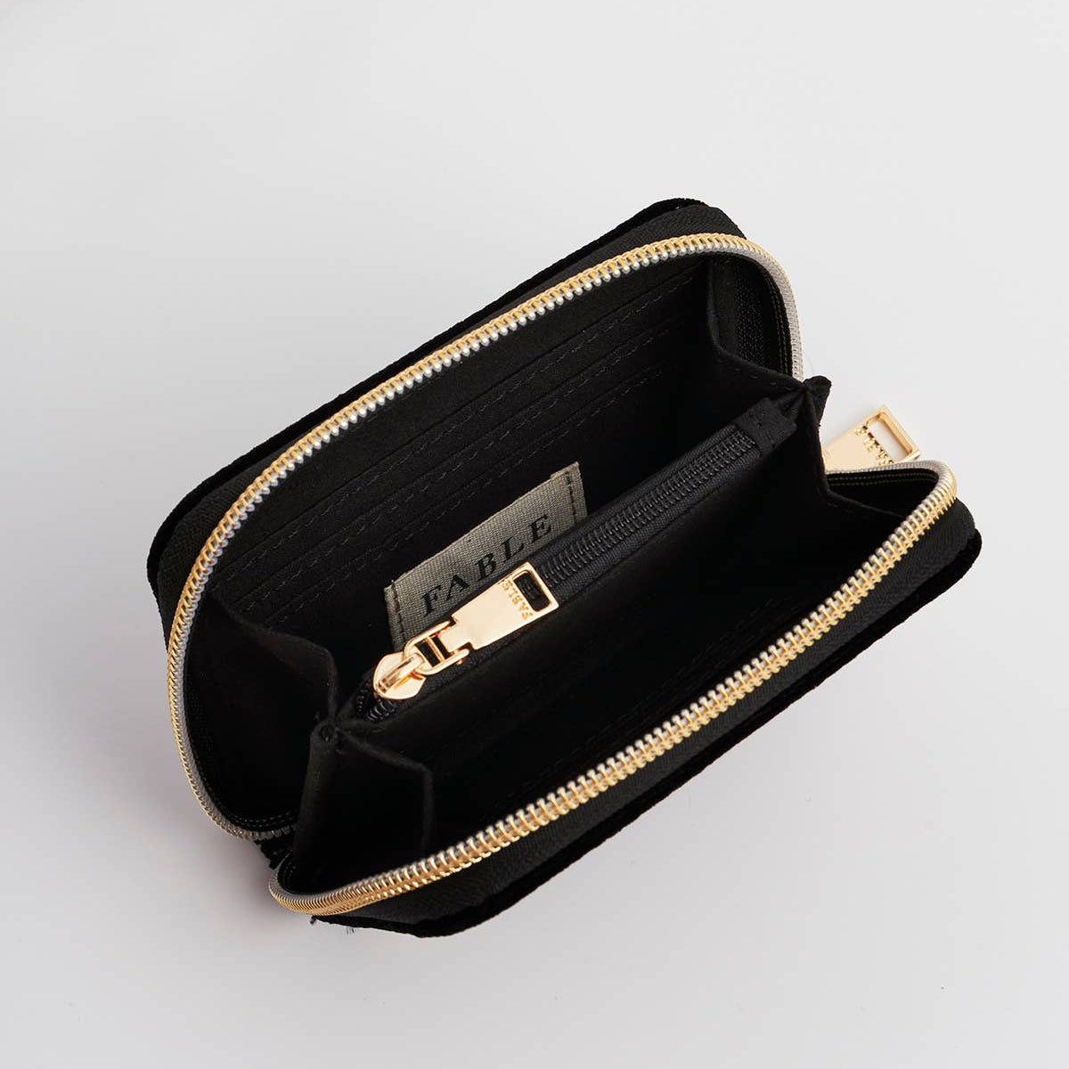 Black Celestial Velvet Embroidered Purse open view with central zipped pocket