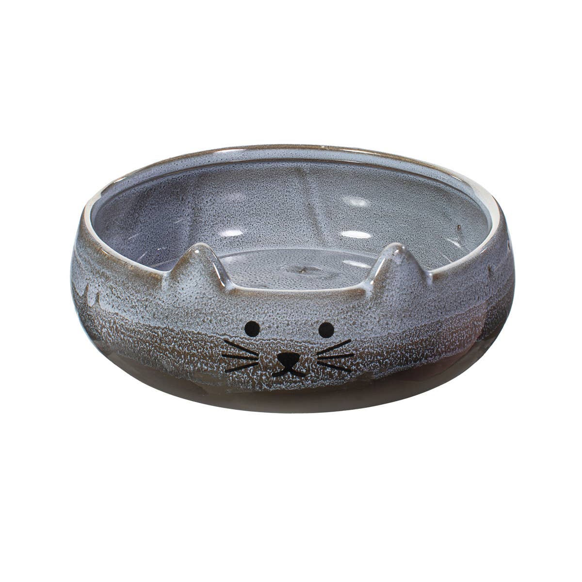 Top view of grey Mojave cat pet bowl with whiskers and pointed ears design on white background