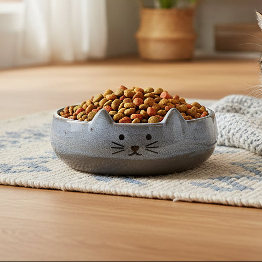 Grey Mojave cat pet bowl with cute cat face design filled with dry cat food on wooden floor