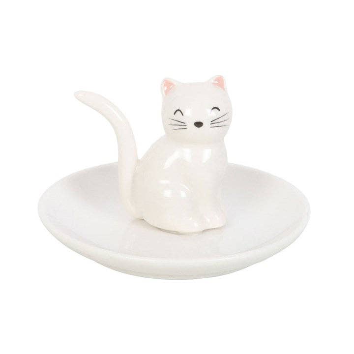 Front view of white cat face ceramic trinket dish