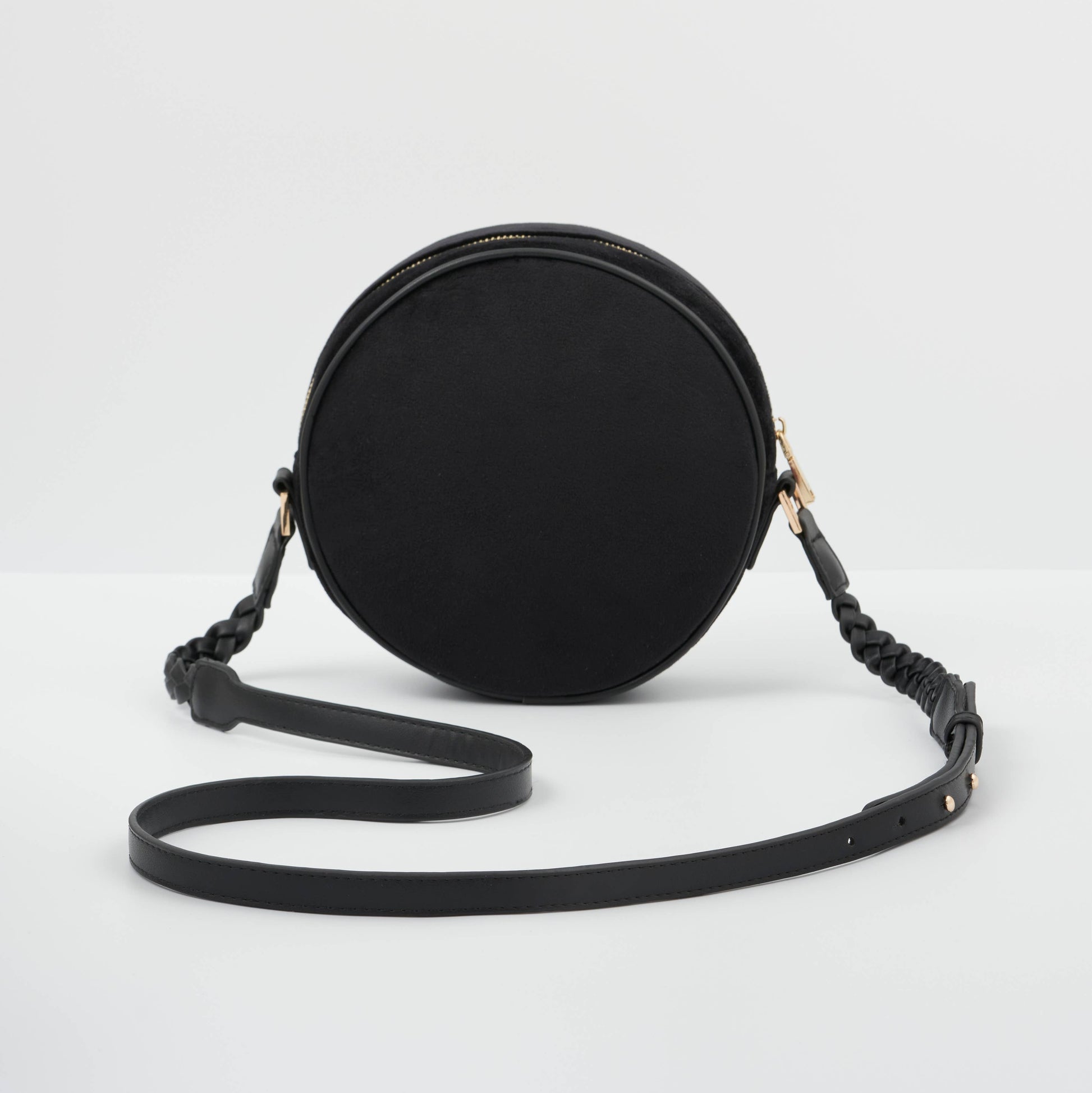 Sleepy Fox Circle Crossbody Bag back view showing smooth black finish