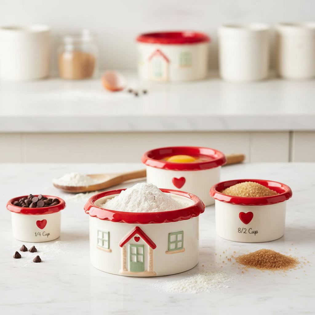 Set of house-shaped ceramic measuring cups with red and white design stacked together