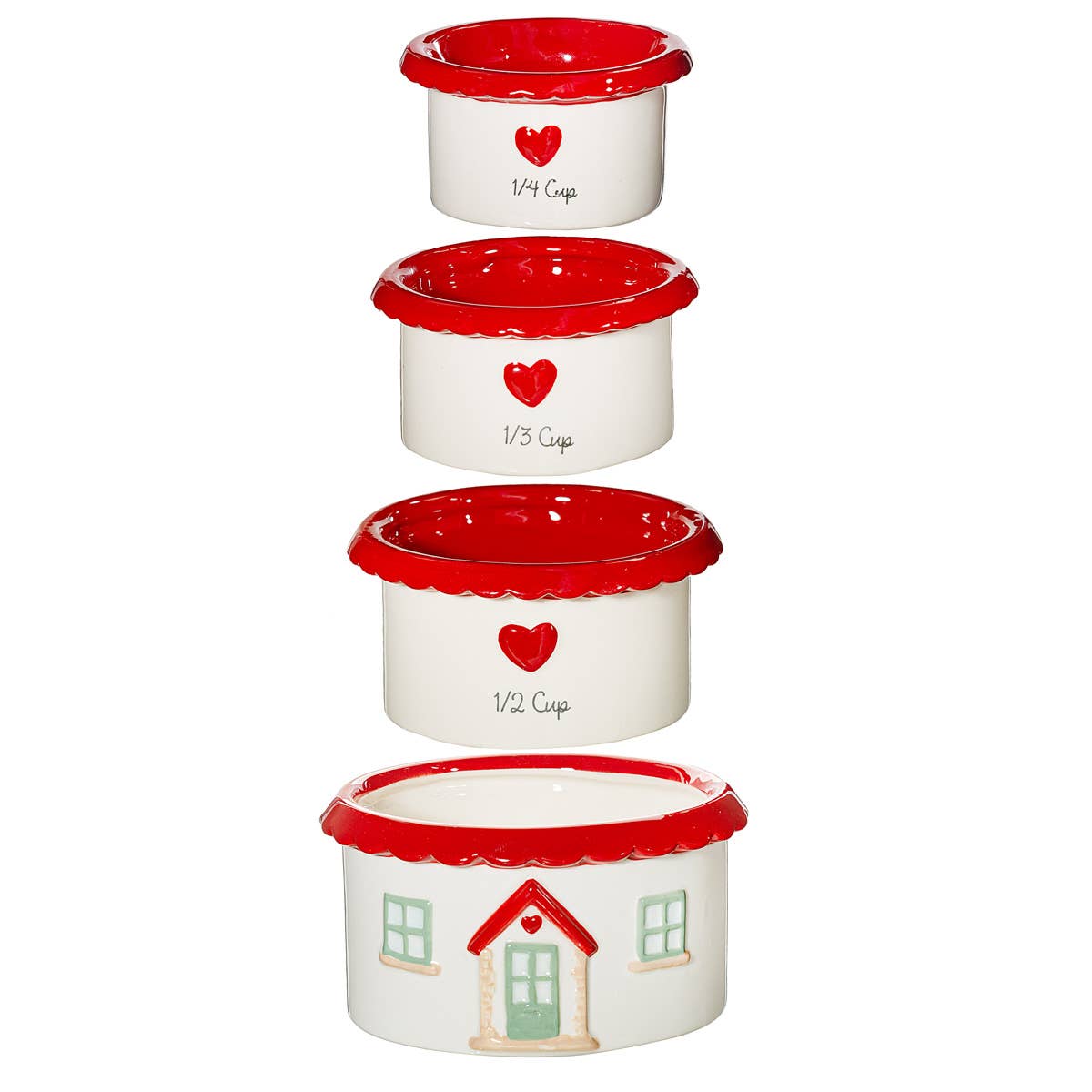 House-shaped measuring cups displayed showing charming cottage design details