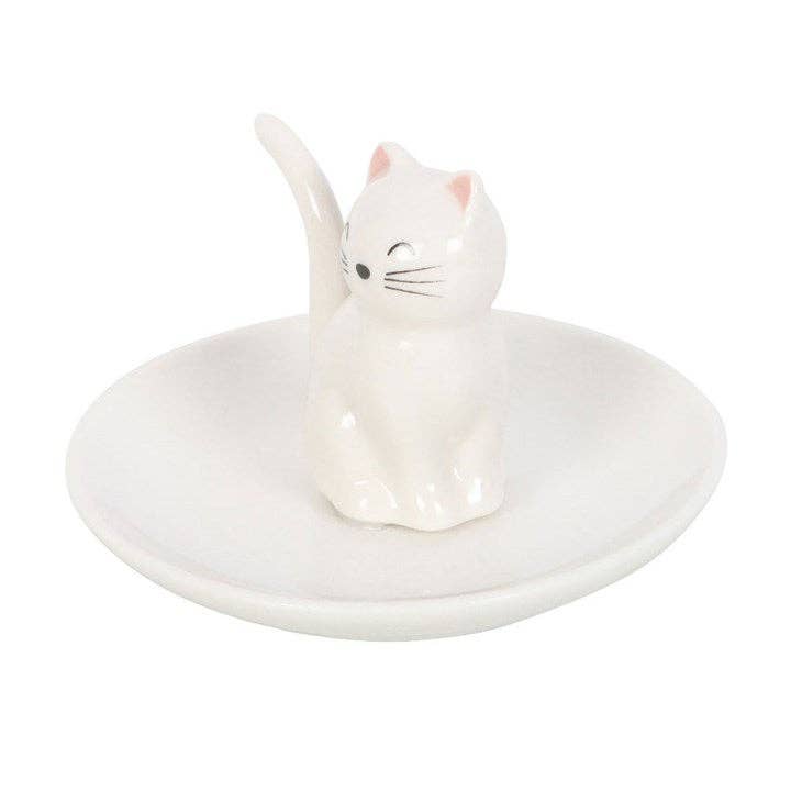 Side view of sitting cat trinket dish showing tail ring holder