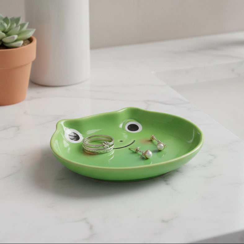 Green ceramic frog trinket dish with happy expression for holding jewellery