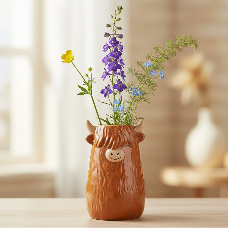 Brown ceramic Highland Cow vase with horns holding purple delphiniums and yellow flowers on wooden surface