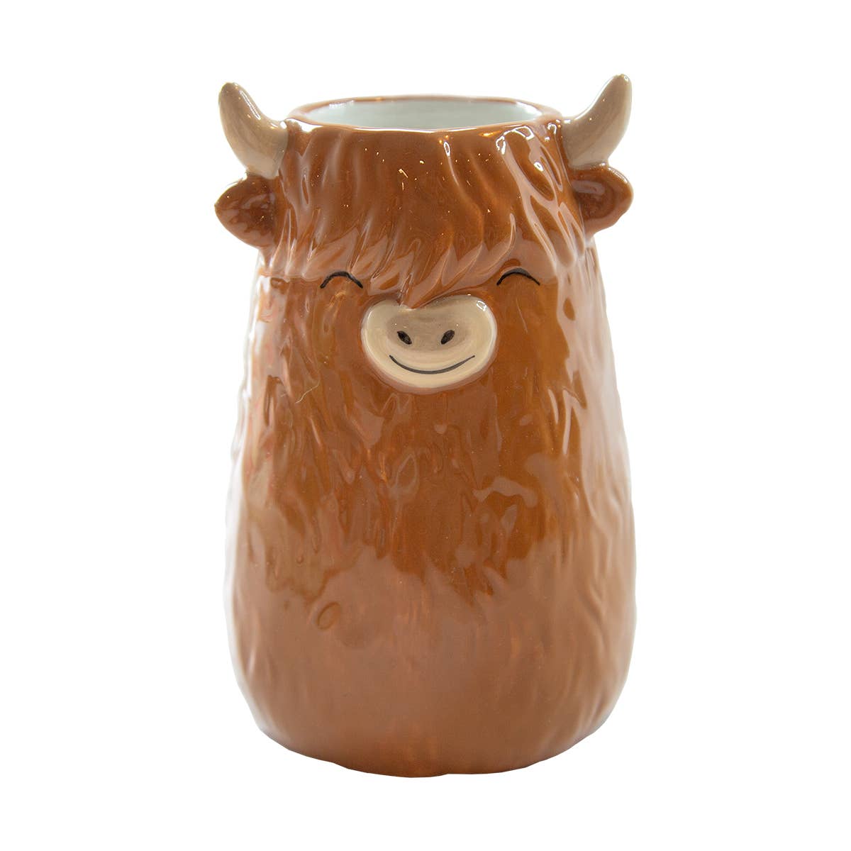 Brown ceramic Highland Cow small vase with horns and fluffy fringe on white background