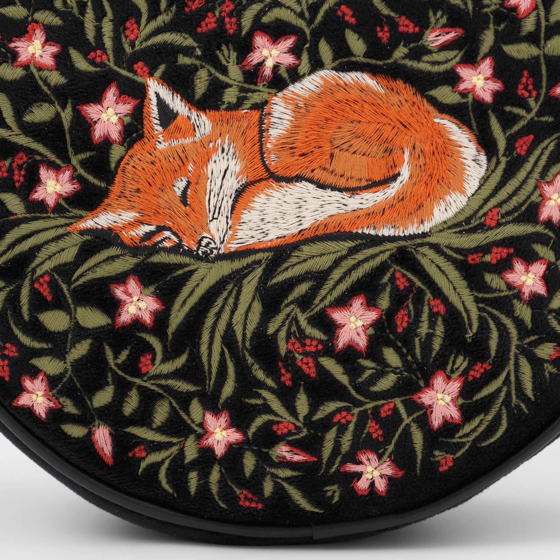 Sleepy Fox Circle Crossbody Bag close-up of fox face embroidery detail