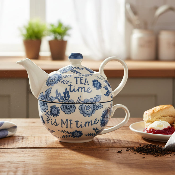 Blue Willow floral tea-for-one set with teapot stacked on cup featuring TEA time is ME time text, displayed with scone, jam and cream on wooden table